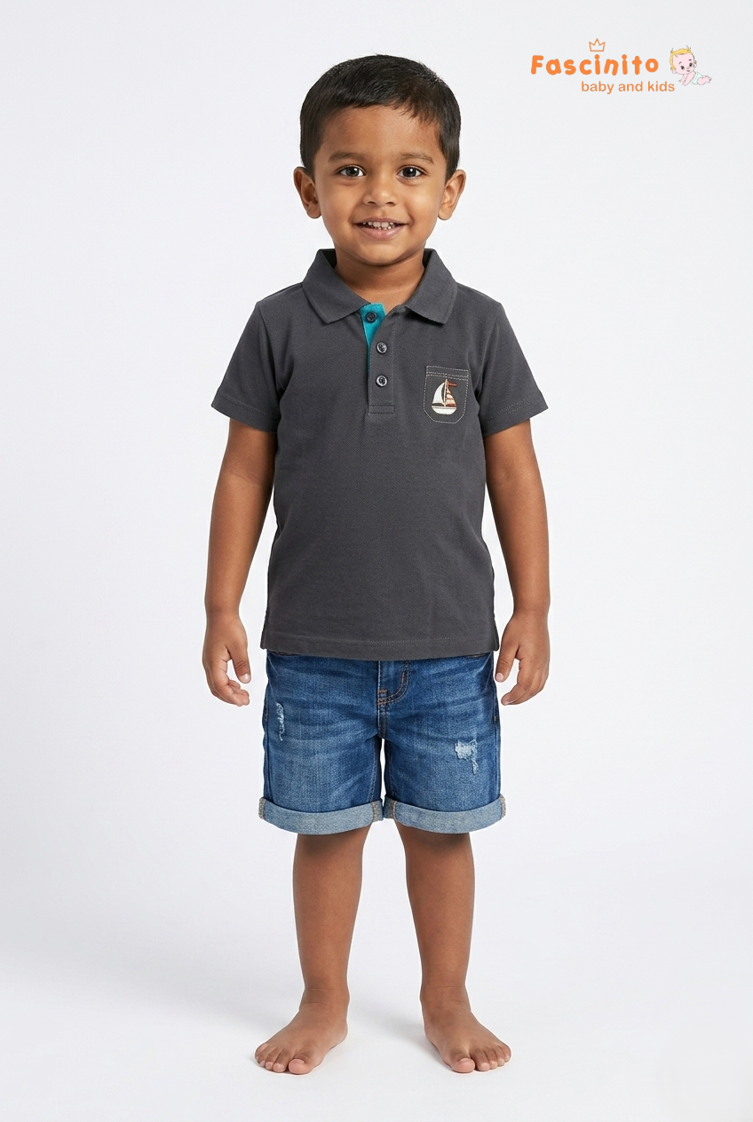 Boys Polo T-Shirt – Grey Sailboat Embroidered Cotton Tee