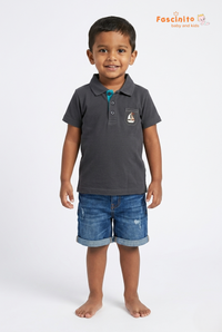 Boys Polo T-Shirt – Grey Sailboat Embroidered Cotton Tee