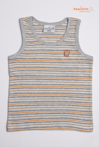 Boys Sleeveless Top – Grey Striped Cotton Vest with Teddy Detail