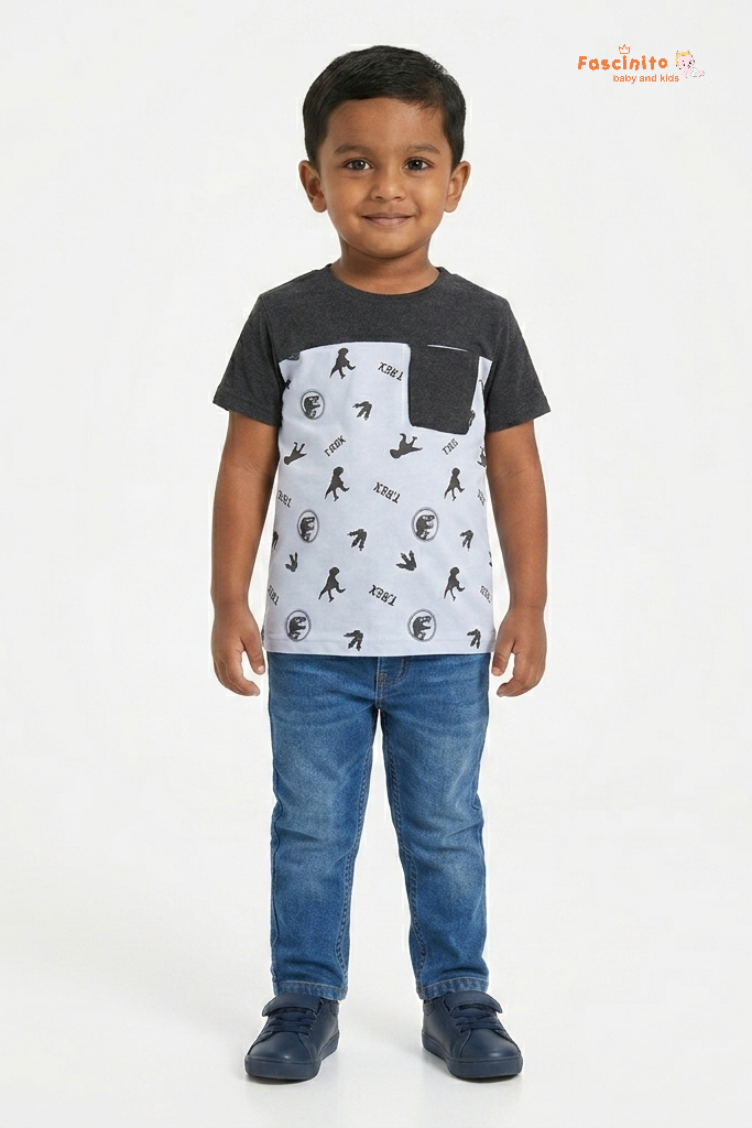 Boys Cotton T-Shirt – Grey White Dino Print Color Block Tee