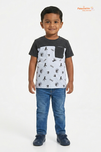 Boys Cotton T-Shirt – Grey White Dino Print Color Block Tee