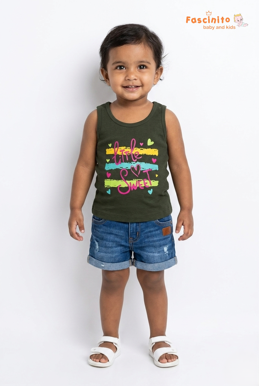 Girls Sleeveless Top – Dark Green Little Sweet Graphic Top