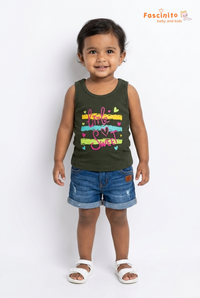Girls Sleeveless Top – Dark Green Little Sweet Graphic Top