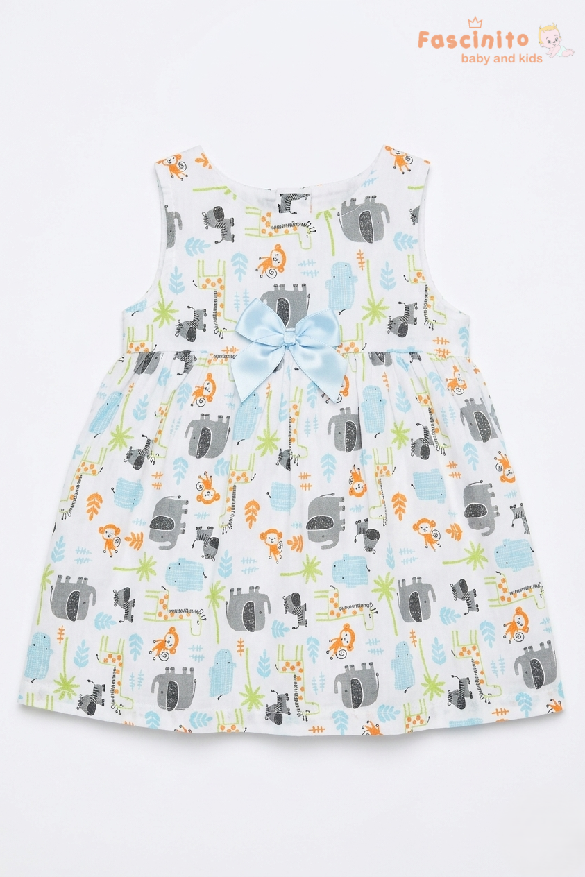 Girls Safari Animal Print Cotton Frock – White Sleeveless Dress