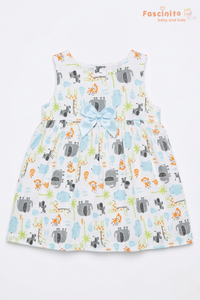 Girls Safari Animal Print Cotton Frock – White Sleeveless Dress