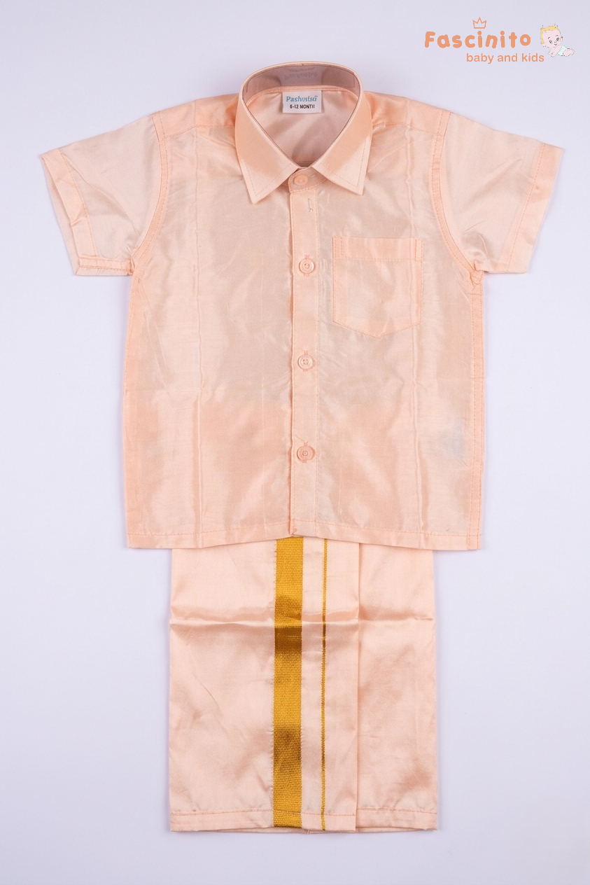 Boys Dhoti Set – Gold Silk Look Ethnic Wear with Zari Border