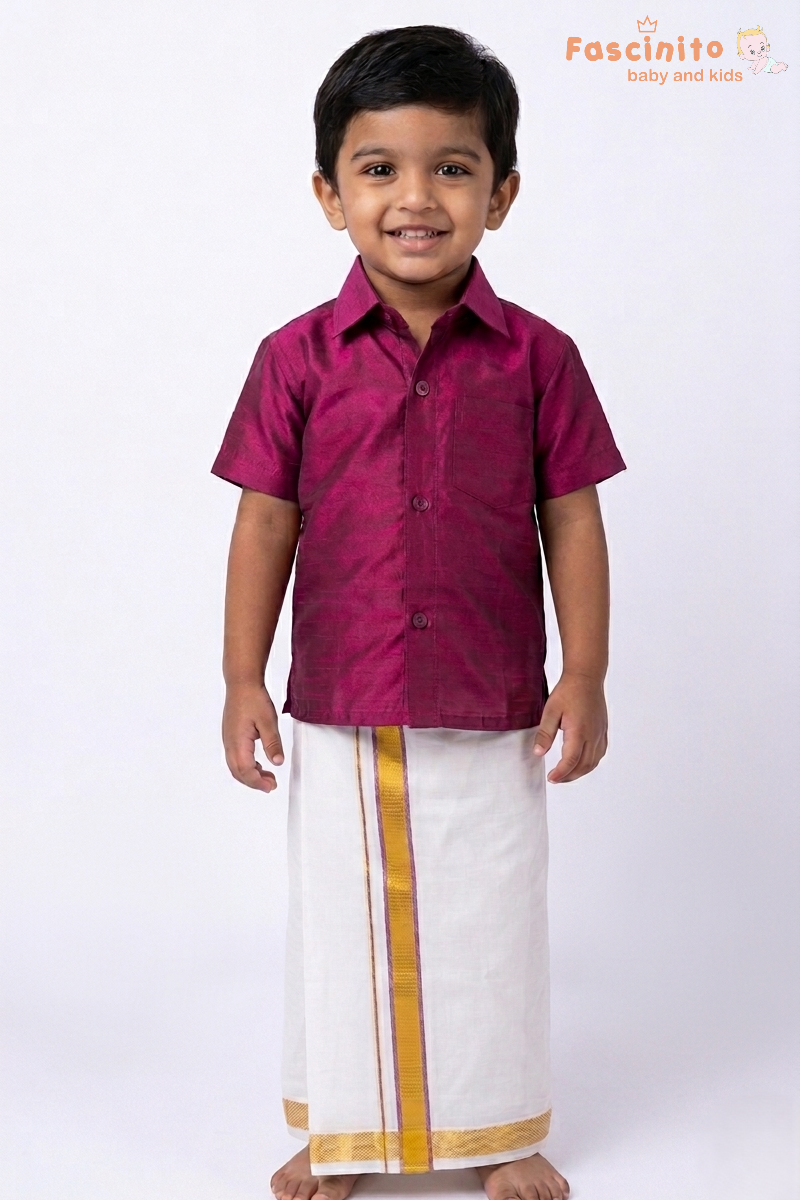 Boys Dhoti Set – Maroon Silk Look Ethnic Wear with Zari Border