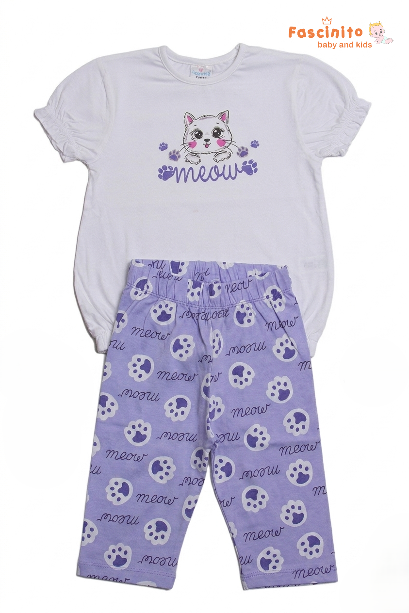 Girls T-Shirt & Pant Set – White Lavender Cat Print Pajama Set