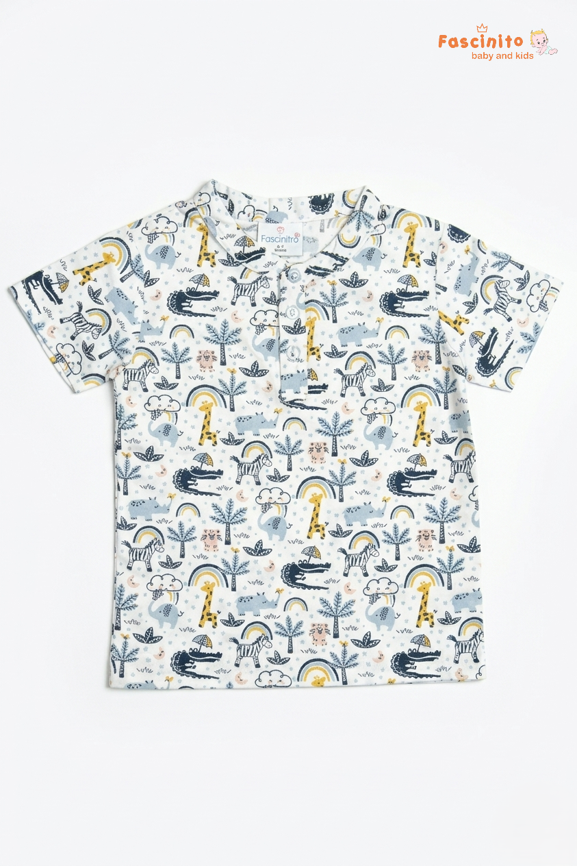 Boys Cotton T-Shirt – White Jungle Print Casual Tee