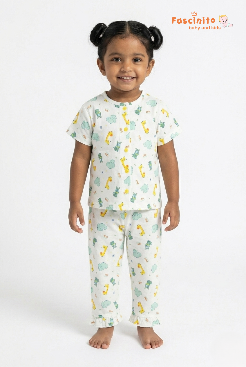Girls Pyjama Set – Half White Animal Print Nightwear Set