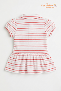Girls Striped Polo Top – White & Pink Teddy Bear Dress Style T-Shirt