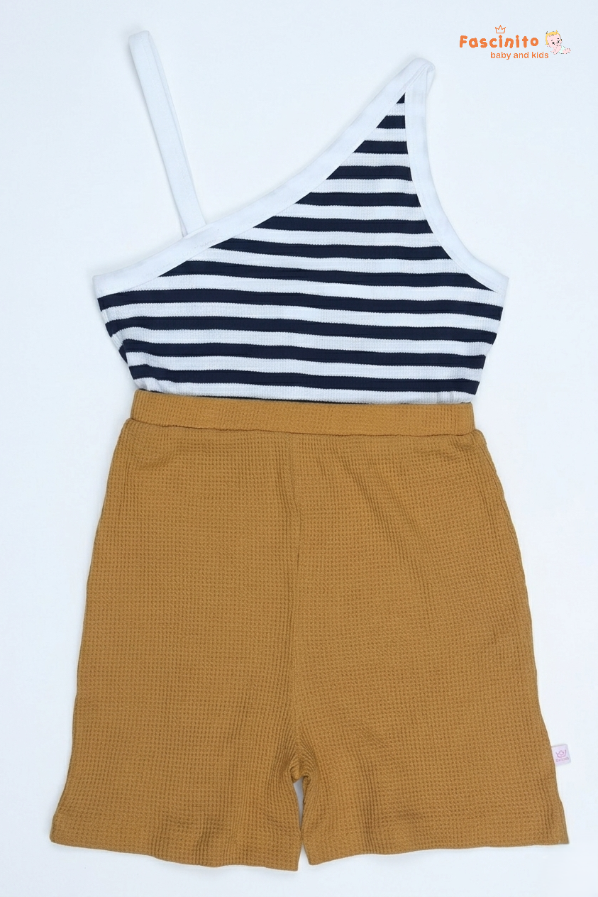 Girls Jumpsuit – Navy Yellow One Shoulder Coord Set