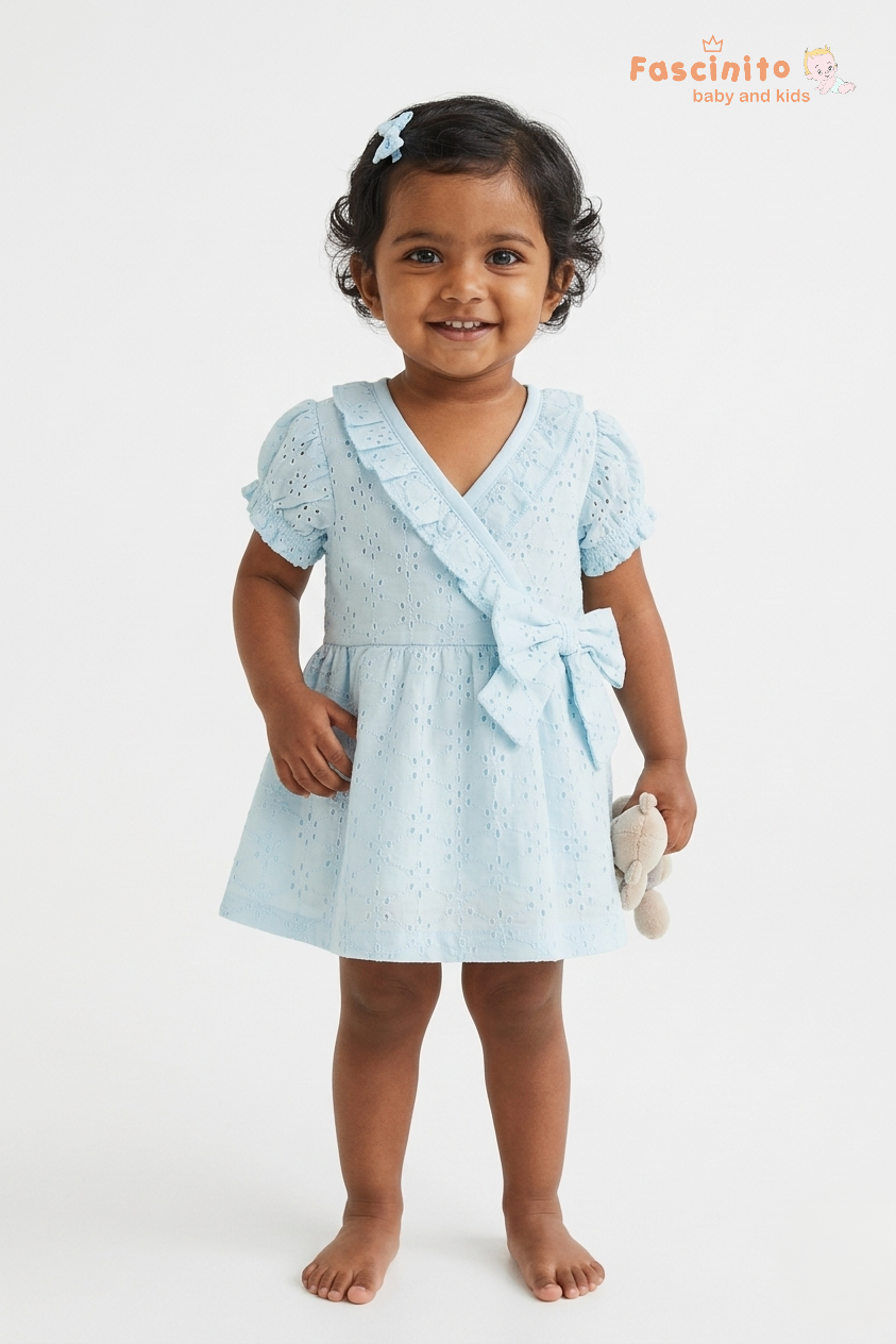 Girls Cotton Schiffli Embroidery Frock – Light Blue Party Wear Dress