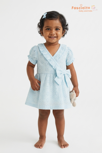 Girls Cotton Schiffli Embroidery Frock – Light Blue Party Wear Dress