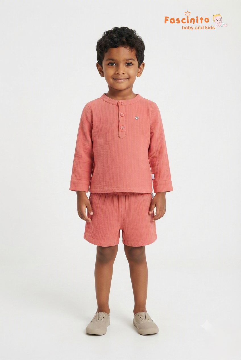 Boys Muslin Co-Ord Set – Pink Mandarin Collar Shirt & Shorts Set