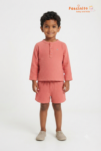 Boys Muslin Co-Ord Set – Pink Mandarin Collar Shirt & Shorts Set