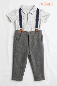 Boys Suspender Set – Grey Herringbone Pants with White Polo Shirt