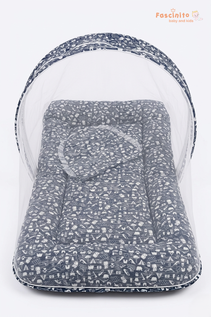 Baby Mosquito Bed – Foldable Portable Net Bed with Cushion (Blue)