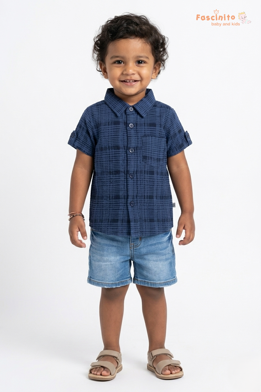 Boys Cotton Check Shirt – Navy Blue Casual Kids Shirt