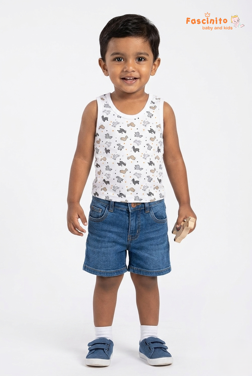 Boys Sleeveless Top – White Animal Print Cotton Vest