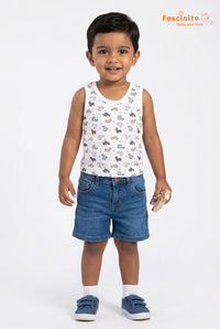 Boys Sleeveless Top – White Animal Print Cotton Vest