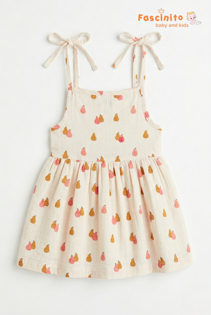 Girls Knotted Frock – Beige Pear Print Sleeveless Dress