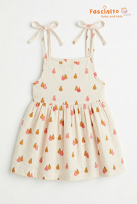 Girls Knotted Frock – Beige Pear Print Sleeveless Dress