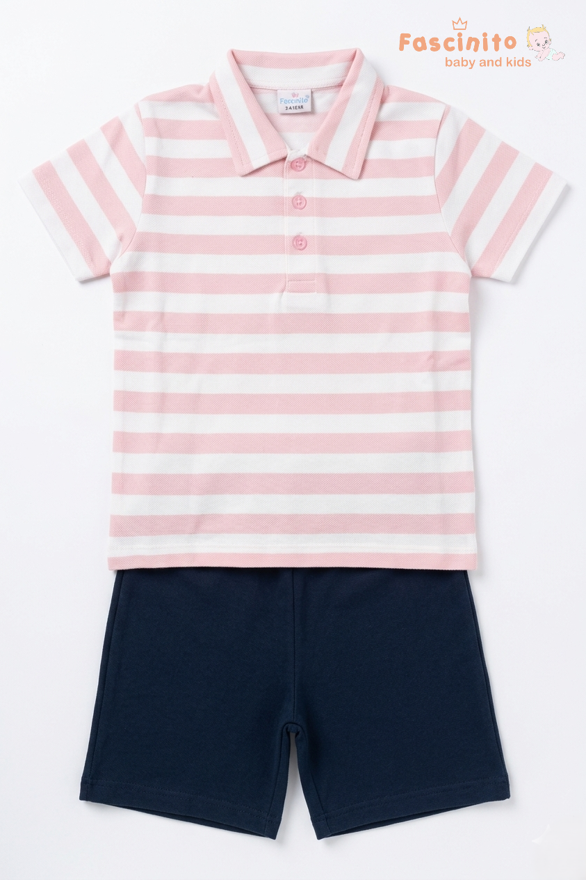 Boys Coord Set – Pink Striped Polo T-Shirt with Navy Shorts