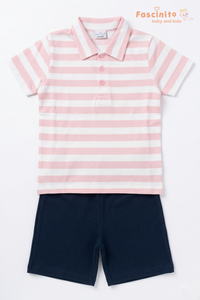 Boys Coord Set – Pink Striped Polo T-Shirt with Navy Shorts