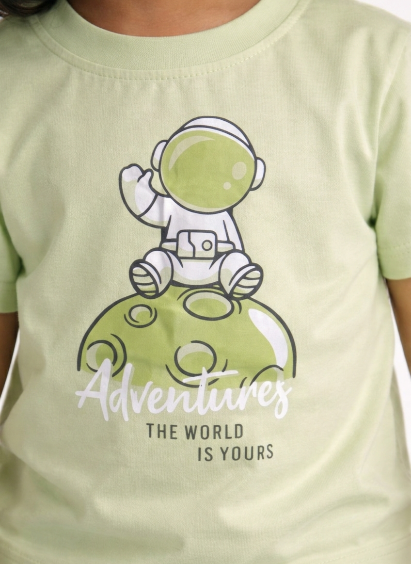 Boys Light Green Astronaut Graphic Cotton T-Shirt