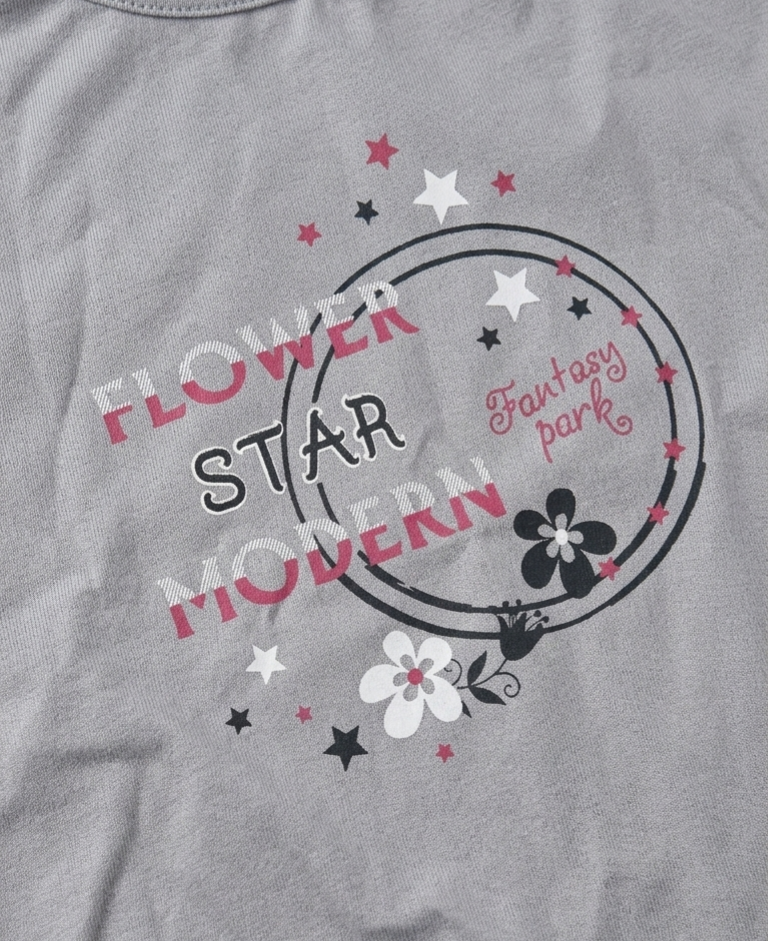 Girls Grey Flower Star Modern Graphic Cotton T-Shirt