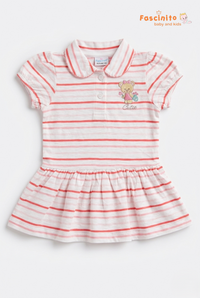 Girls Striped Polo Top – White & Pink Teddy Bear Dress Style T-Shirt
