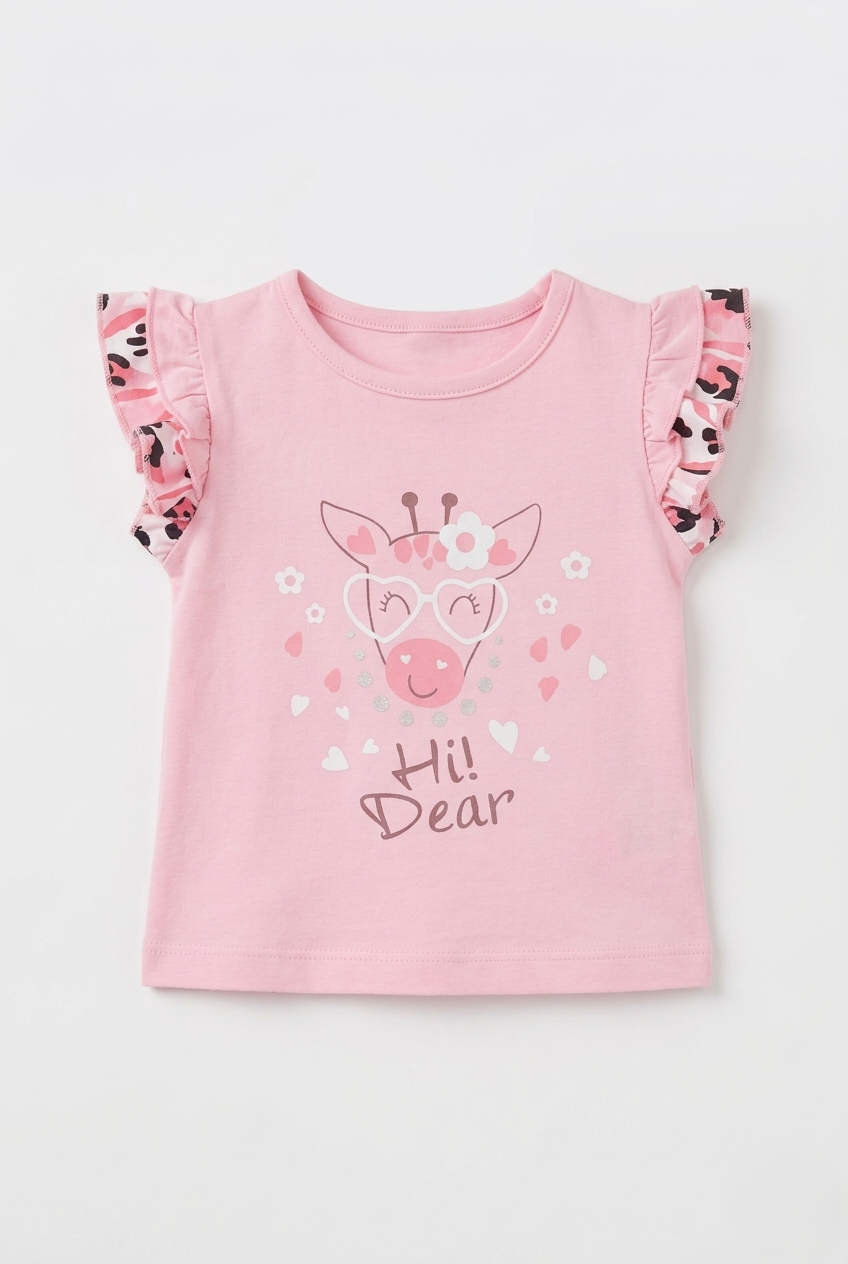 Girls Light Pink Giraffe Print Cotton T-Shirt