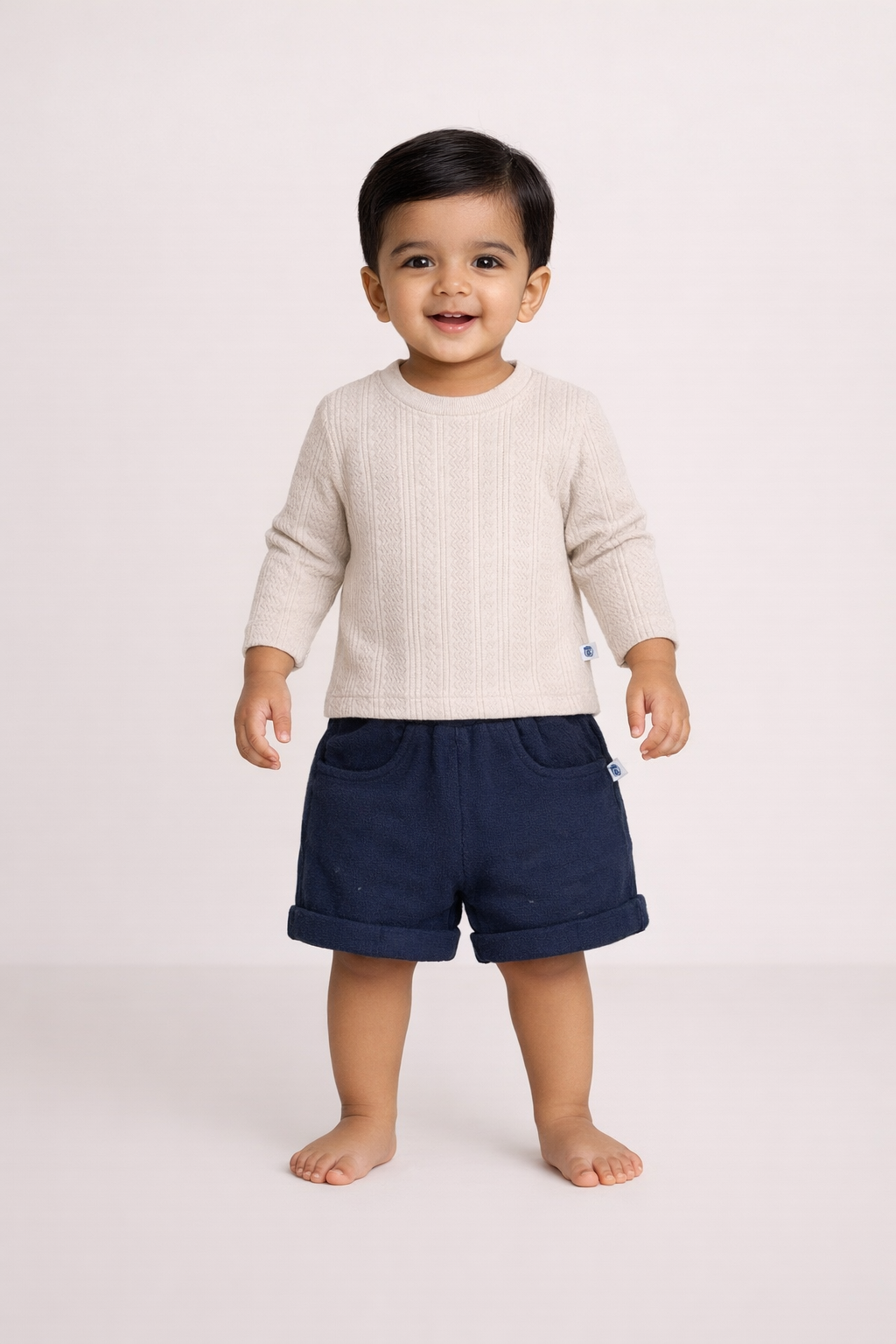 Boys White Full Sleeve Shirt & Navy Shorts Set