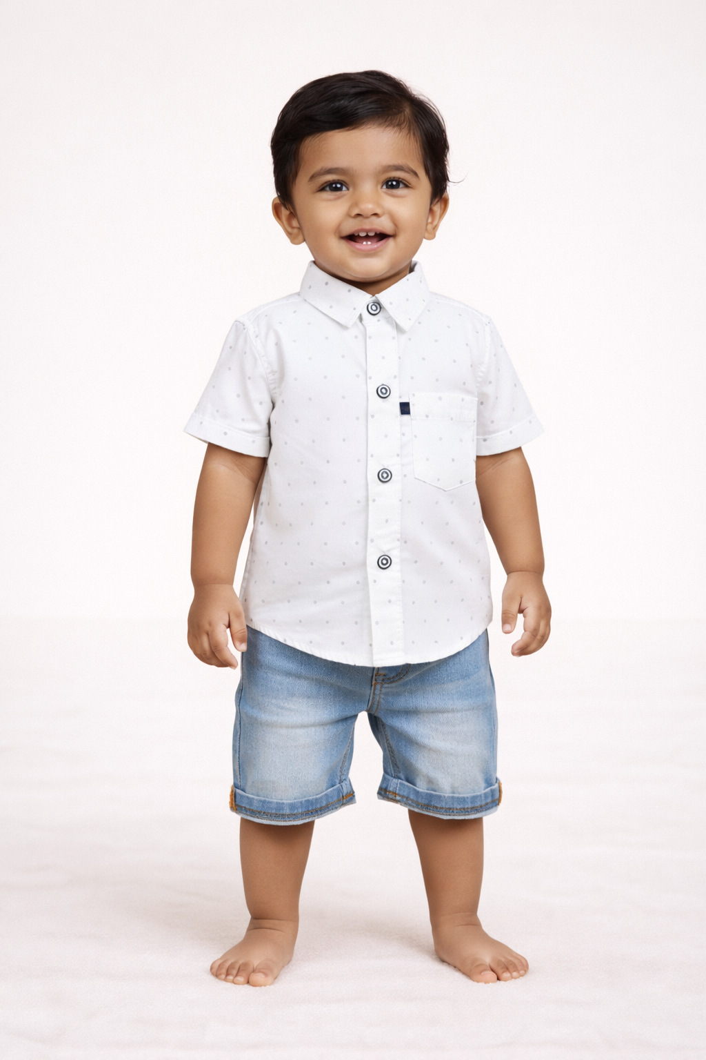 Boys White Polka Dot Cotton Shirt (Half Sleeve)
