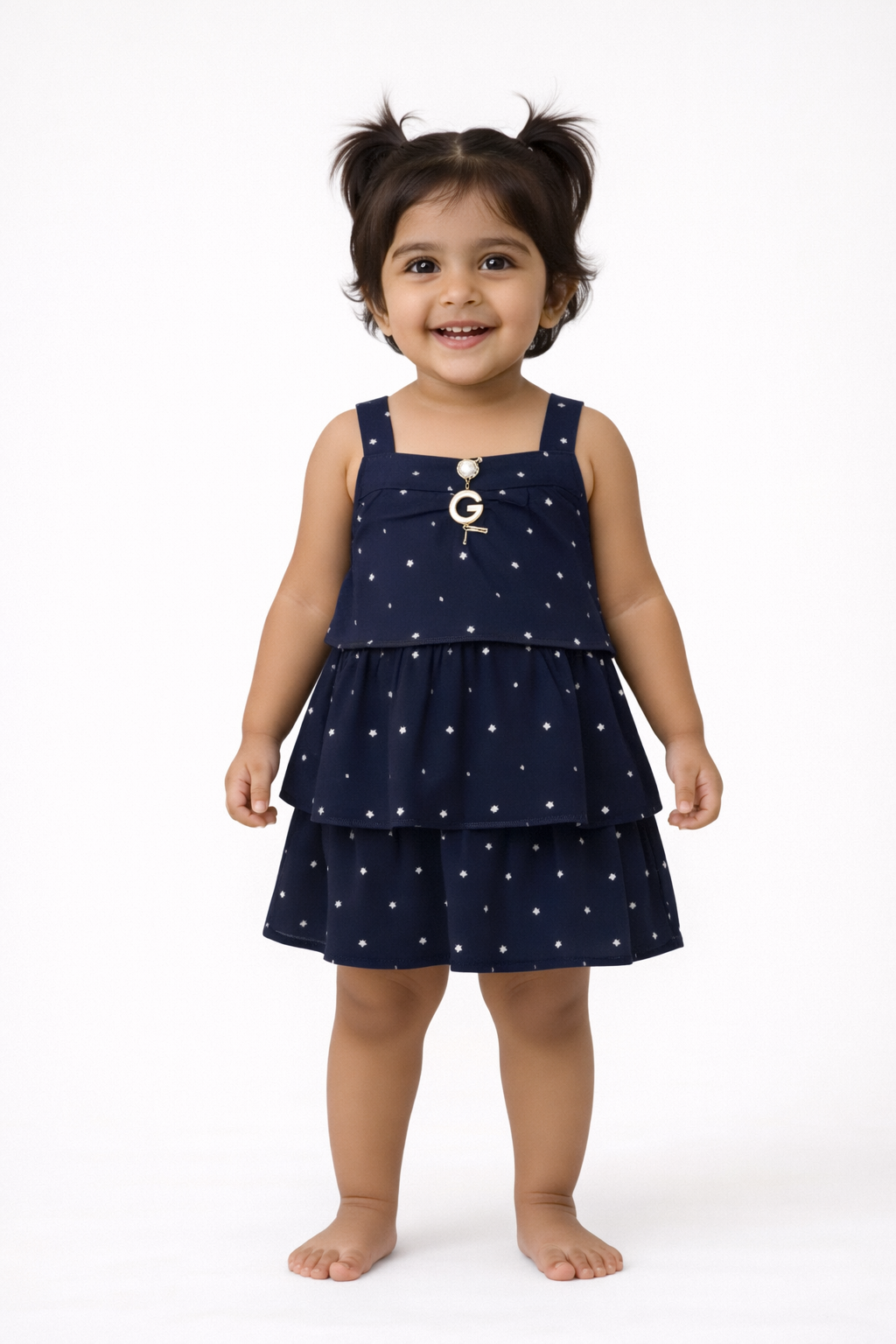 Girls Navy Blue Tiered Sleeveless Woven Frock