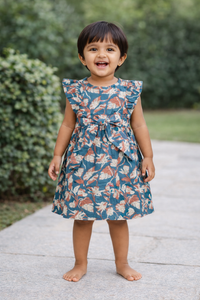 Girls Teal Blue Tropical Print Flutter Sleeve Frock