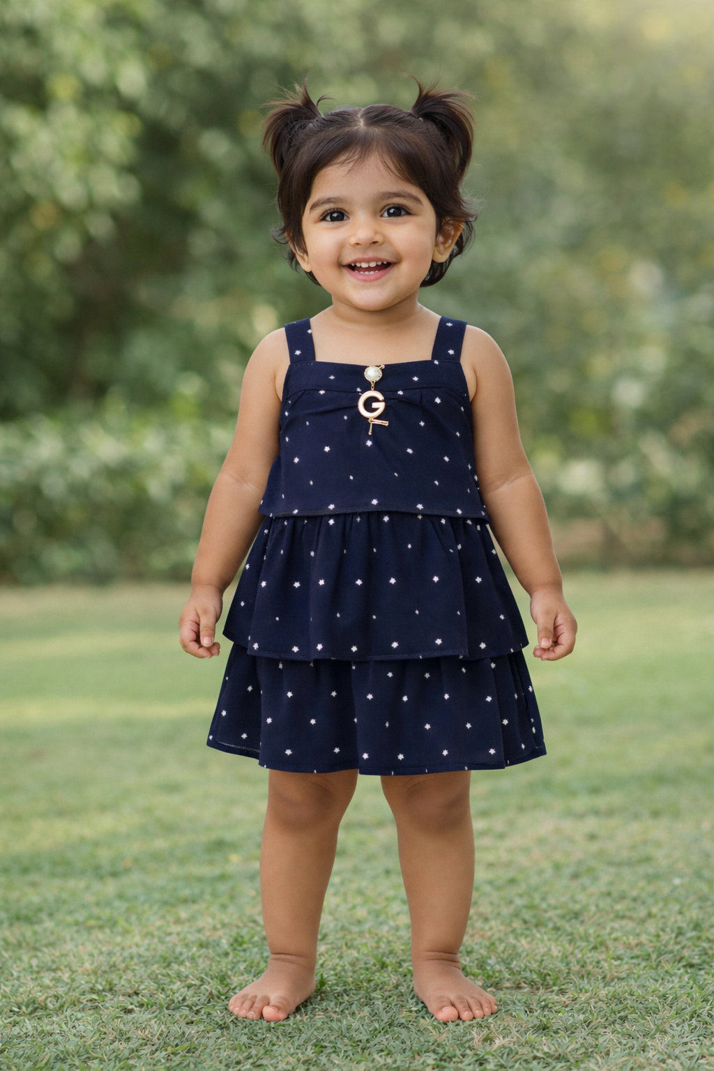 Girls Navy Blue Tiered Sleeveless Woven Frock
