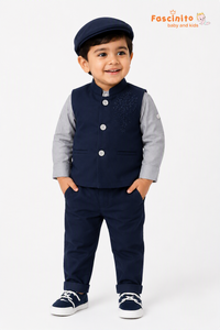Navy Blue & Grey Embroidered Nehru Jacket Suit Set - Navy Blue And Grey