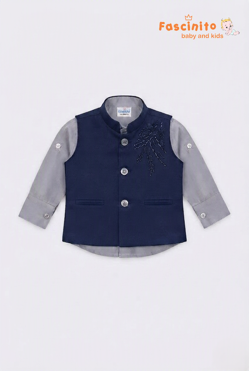 Navy Blue & Grey Embroidered Nehru Jacket Suit Set - Navy Blue And Grey