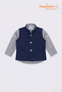 Navy Blue & Grey Embroidered Nehru Jacket Suit Set - Navy Blue And Grey