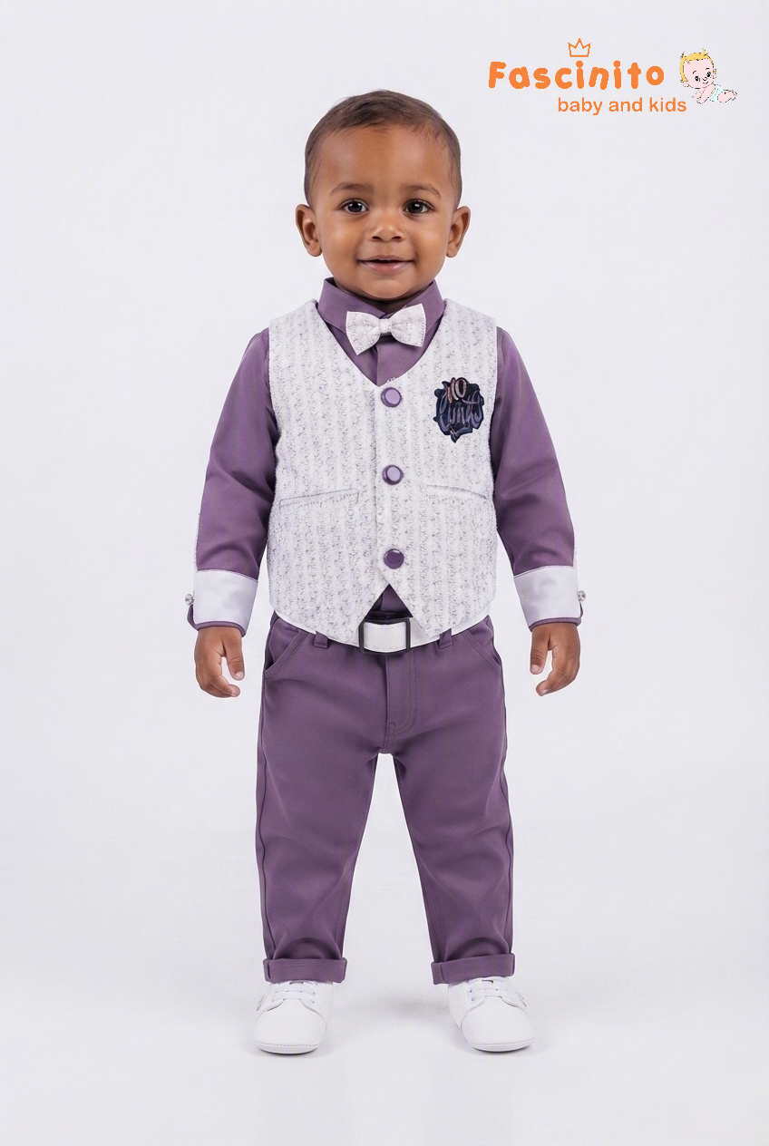 Purple & White Waistcoat Suit Set - Purple And Whie