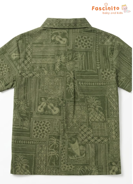 Boys Tropical Print Shirt – Olive Green Vacation Shirt