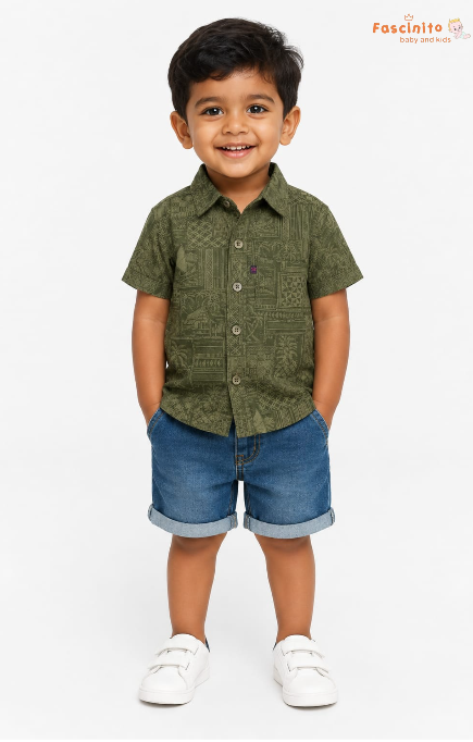 Boys Tropical Print Shirt – Olive Green Vacation Shirt
