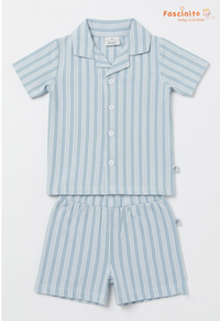 Boys Co-Ord Set – White & Blue Striped Shirt & Shorts Set