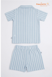 Boys Co-Ord Set – White & Blue Striped Shirt & Shorts Set