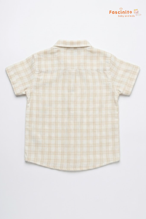 Boys Checked Shirt – Beige & White Plaid Cotton Shirt