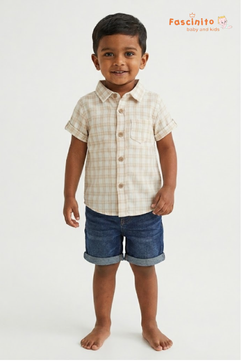 Boys Checked Shirt – Beige & White Plaid Cotton Shirt