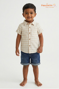 Boys Checked Shirt – Beige & White Plaid Cotton Shirt