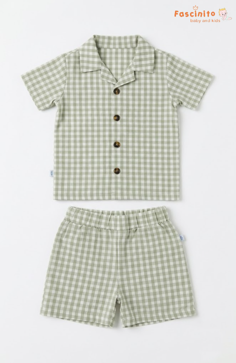 Boys Co-Ord Set – Sage Green Gingham Shirt & Shorts Set